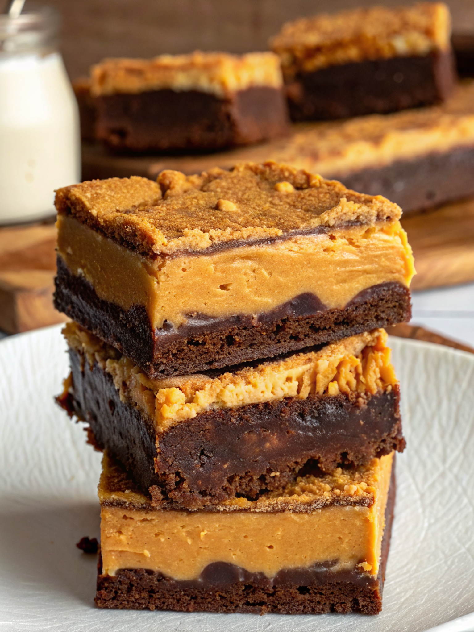 Close-up of Biscoff Cheesecake Brownie with cookie crust, brownie, and cheesecake layers