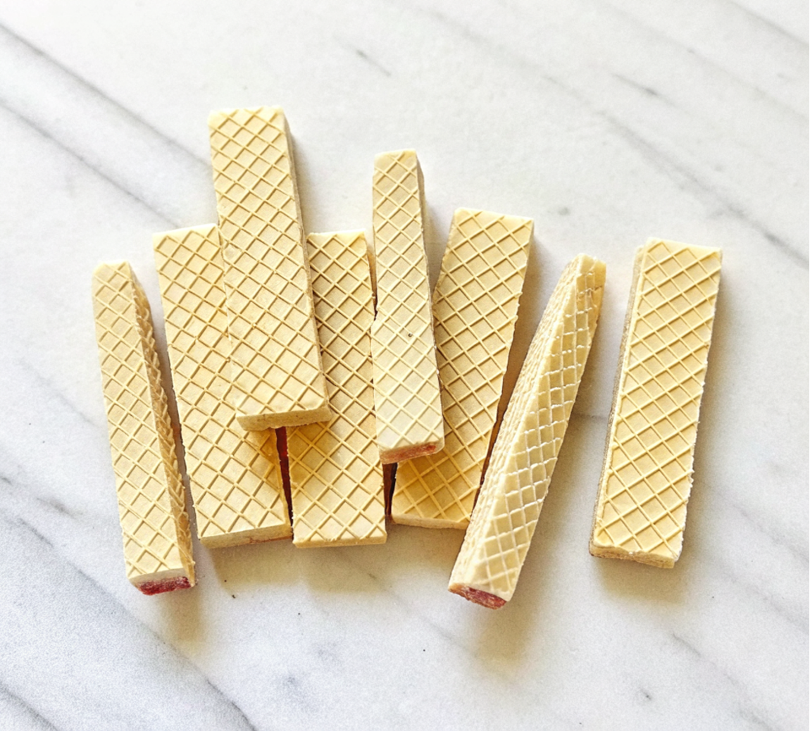 Cutting vanilla wafers into pencil-shaped cookies