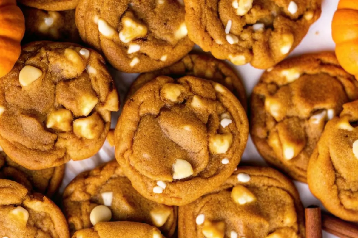 Appetizing Pumpkin White Chocolate Chip Cookies on rustic table