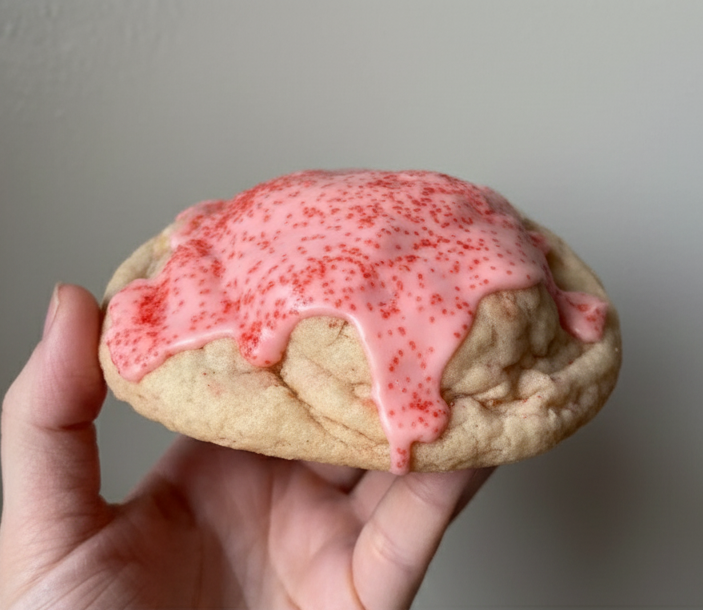 Cherry Pop-Tart Cookies stuffed with cherry pie bars, topped with pink glaze and sprinkles