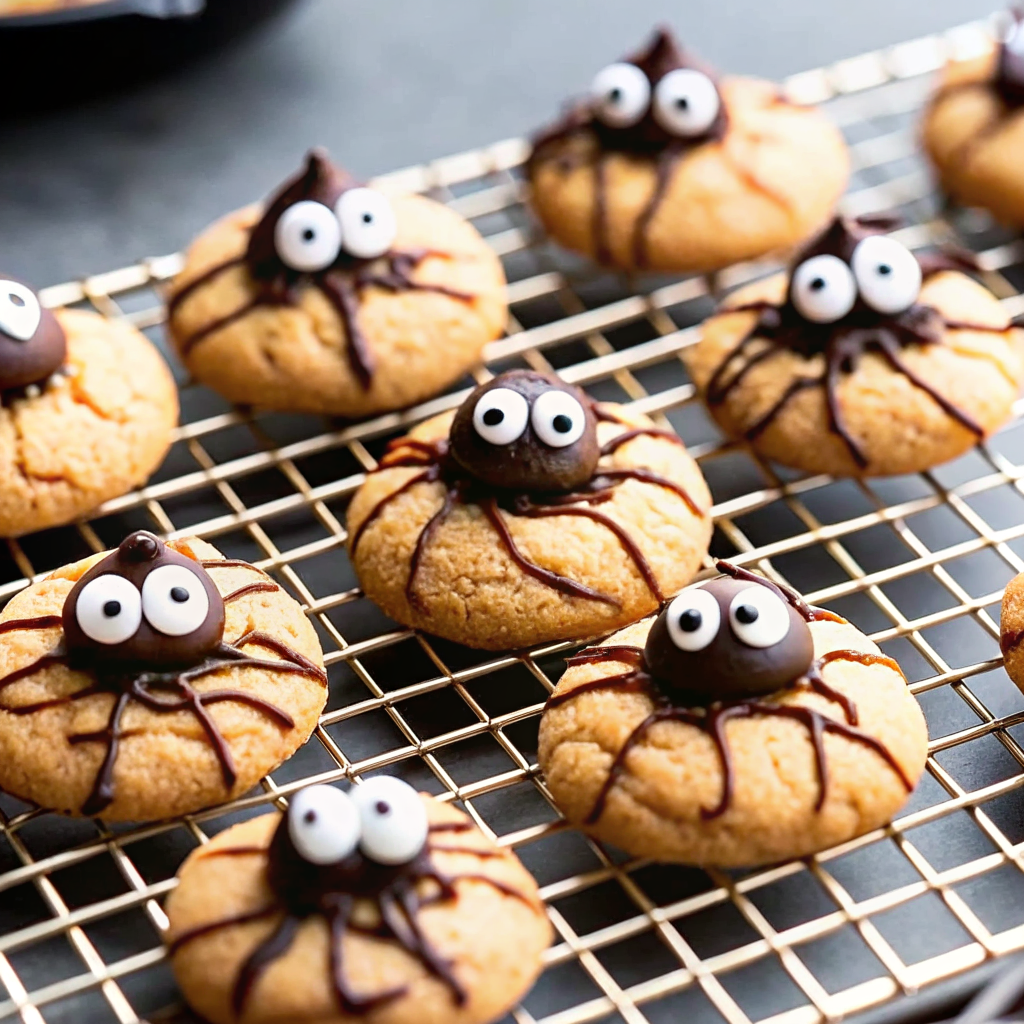 Halloween spider peanut butter cookies on a party table