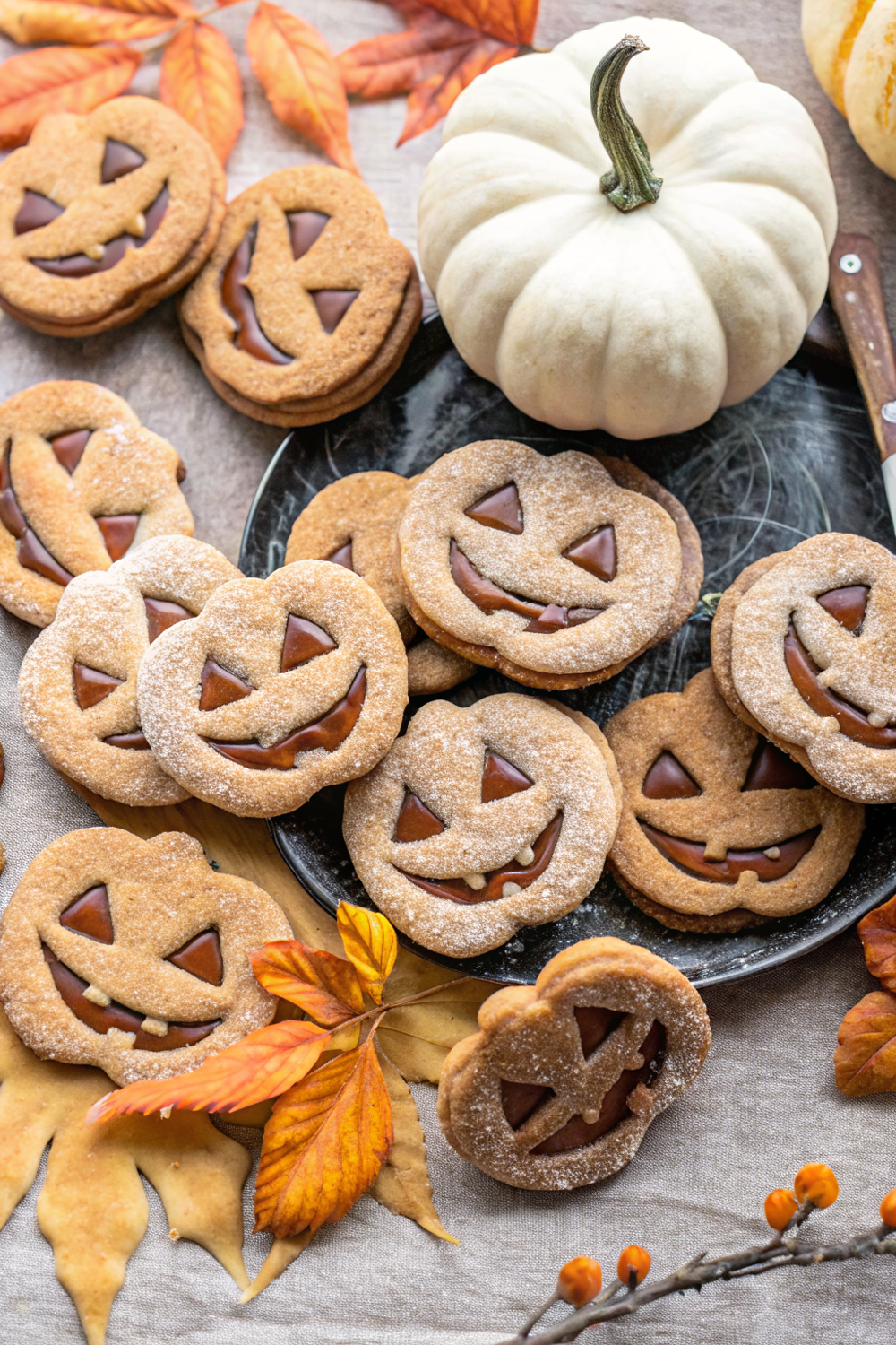 Milk chocolate stuffed jack-o'-lantern cookies stacked on a wooden table.