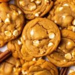 Chewy Pumpkin White Chocolate Chip Cookies stacked on a wooden board, natural light, best fall dessert recipe.