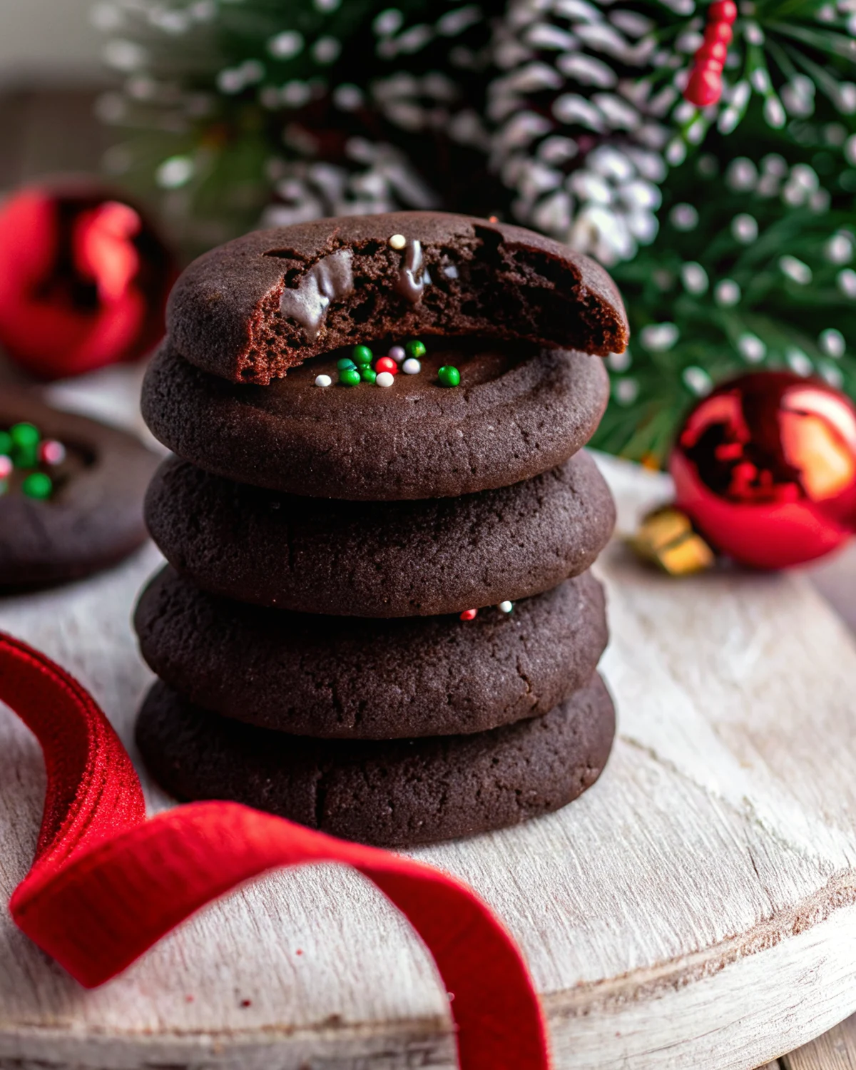 Chocolate thumbprint cookie with shiny ganache and sprinkles.