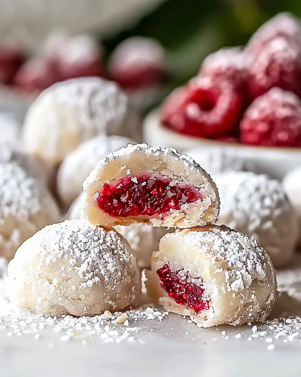 Raspberry Filled Almond Snowball Cookies