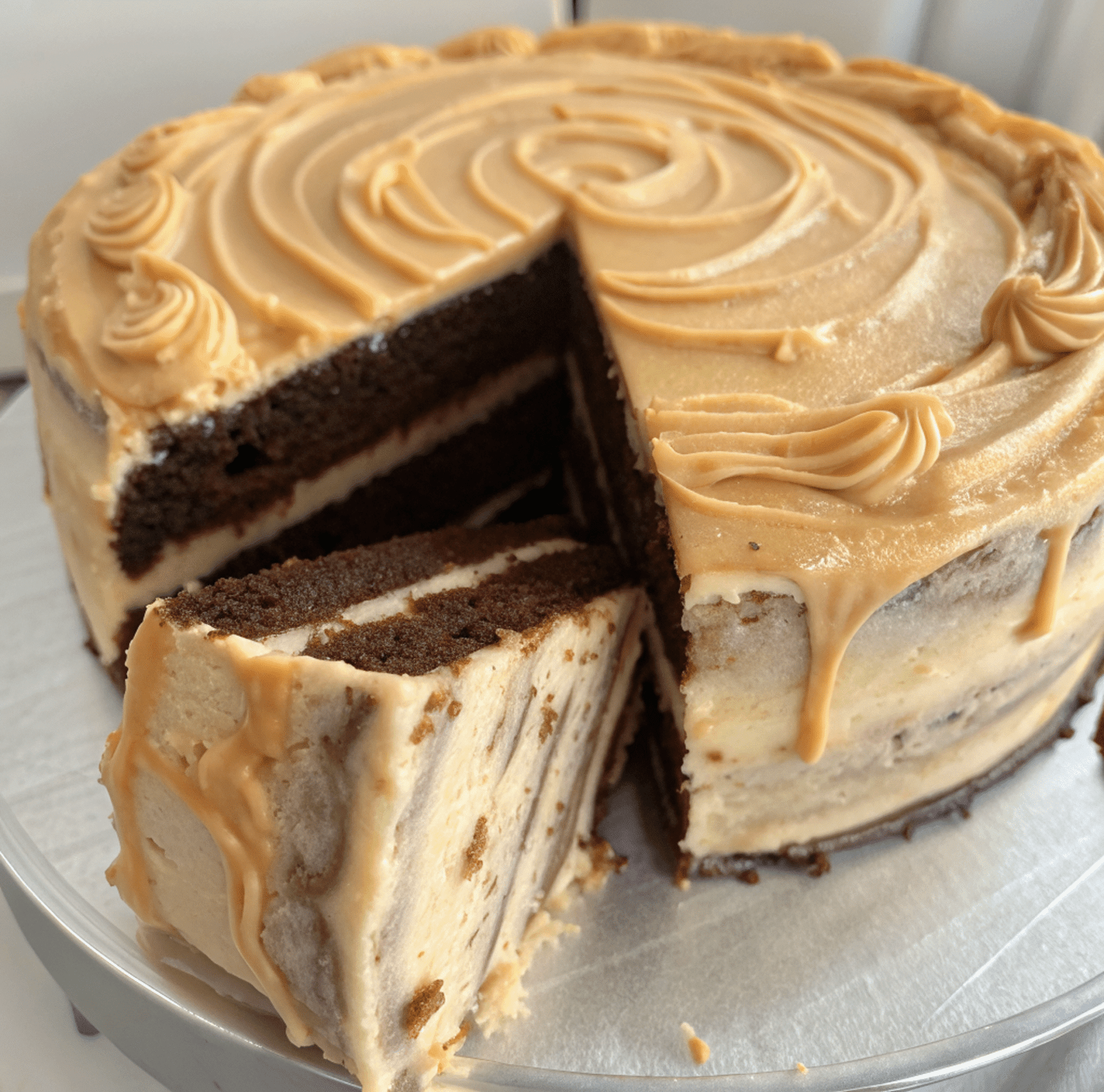 Slice of salted caramel mocha cake showing moist mocha layers and salted caramel buttercream filling.