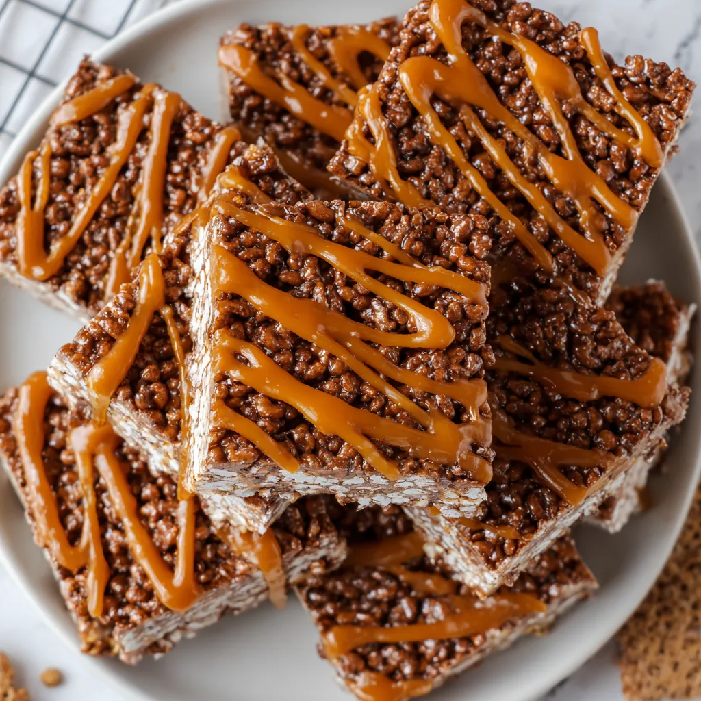 Chocolate Churro Rice Krispie Treats with Caramel Drizzle