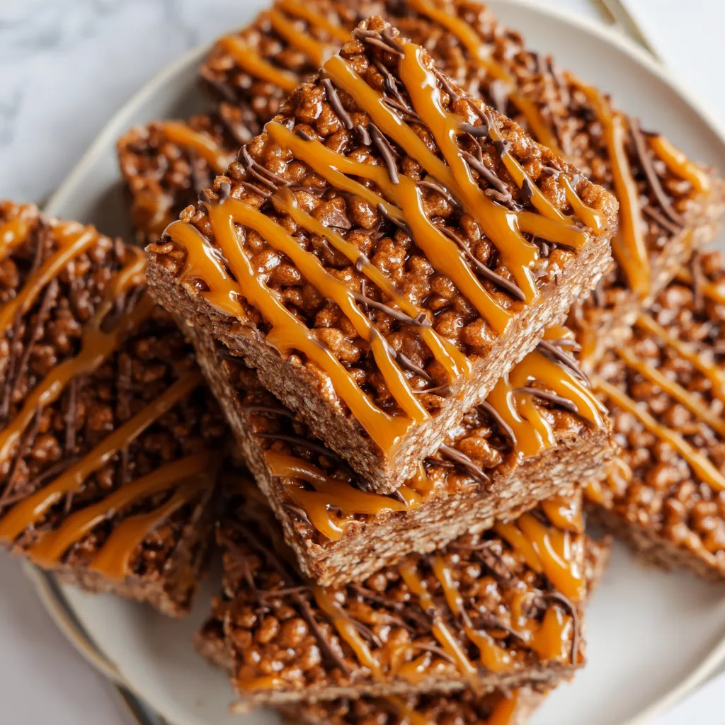 Chocolate Churro Rice Krispie Treats with Caramel Drizzle