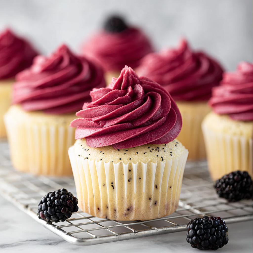 Lemon Poppy Seed Cupcakes with Blackberry Frosting
