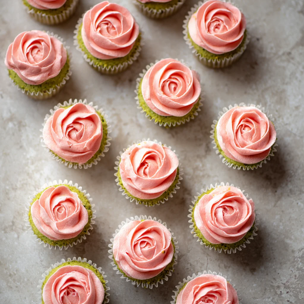 Vegan Pistachio Rose Mini Cupcakes