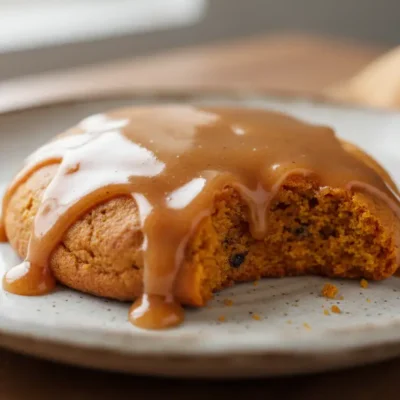 A close-up macro view of a single soft Maple Pumpkin Cookie, beautifully glazed, showcasing its perfect texture and rich color.