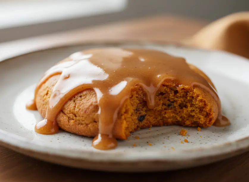 A close-up macro view of a single soft Maple Pumpkin Cookie, beautifully glazed, showcasing its perfect texture and rich color.