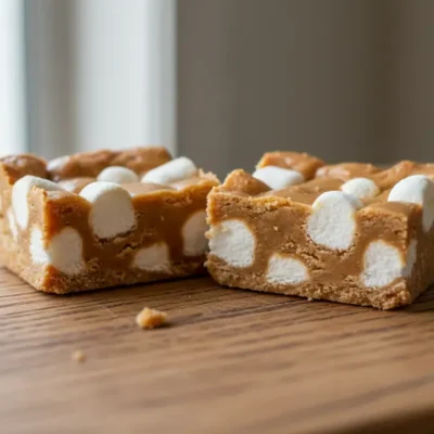 Close-up of a single Peanut Butter Butterscotch Marshmallow Square, showing its chewy texture and visible marshmallow pieces.