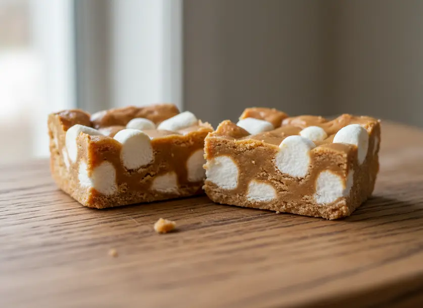 Close-up of a single Peanut Butter Butterscotch Marshmallow Square, showing its chewy texture and visible marshmallow pieces.