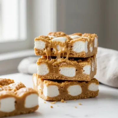 Close-up of a stack of Peanut Butter Butterscotch Marshmallow Squares, showing the gooey, chewy texture.