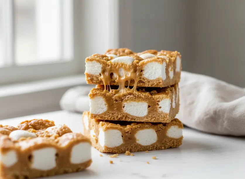 Close-up of a stack of Peanut Butter Butterscotch Marshmallow Squares, showing the gooey, chewy texture.