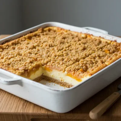 A full pan of Peach Crumble Cheesecake Bars, cut into squares, ready for serving, showcasing golden streusel and peaches.