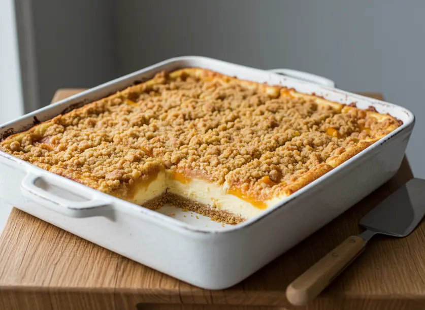 A full pan of Peach Crumble Cheesecake Bars, cut into squares, ready for serving, showcasing golden streusel and peaches.