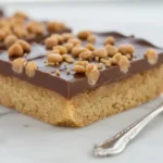 Close-up of a single Butter Toffee Bar with chocolate and crunchy toffee topping.