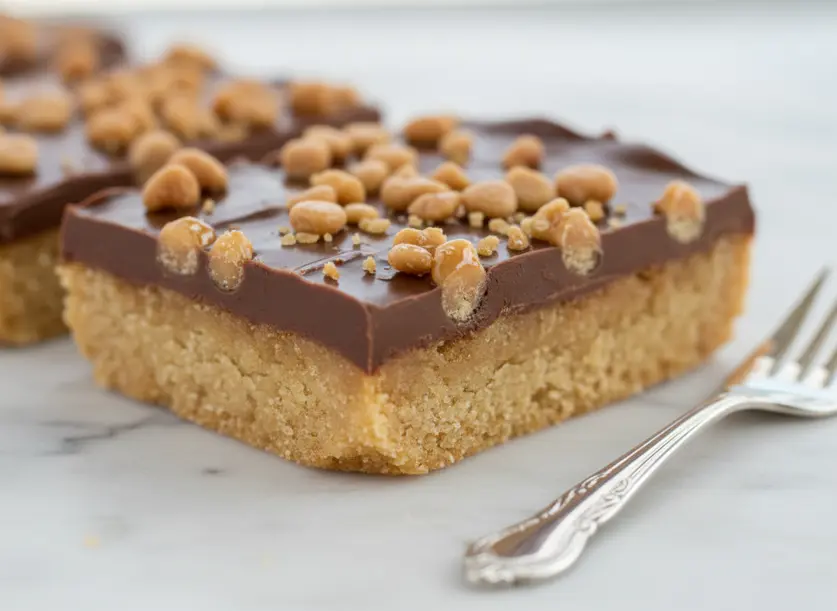 Close-up of a single Butter Toffee Bar with chocolate and crunchy toffee topping.