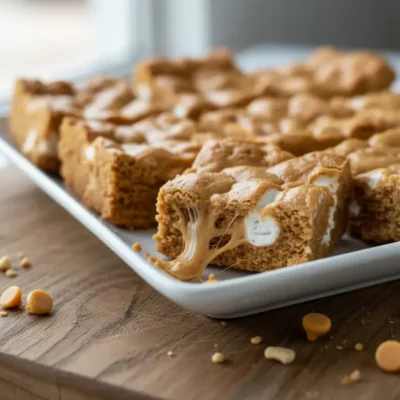 Close-up of a Peanut Butter Butterscotch Marshmallow Square on a white platter, revealing its chewy, golden interior and smooth texture.