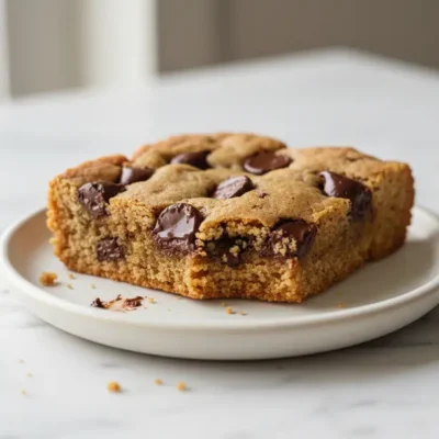 Delicious close-up of a perfectly baked Chocolate Chip Cookie Bar revealing its soft, chewy texture and melted chocolate.
