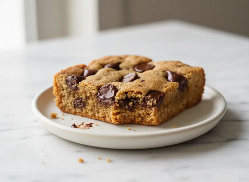 Delicious close-up of a perfectly baked Chocolate Chip Cookie Bar revealing its soft, chewy texture and melted chocolate.