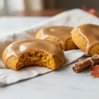 Close-up of a Maple Pumpkin Cookie with a bite revealing its tender interior, glazed and ready to eat.