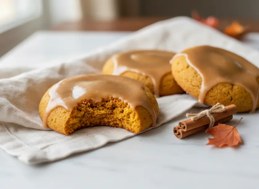 Close-up of a Maple Pumpkin Cookie with a bite revealing its tender interior, glazed and ready to eat.