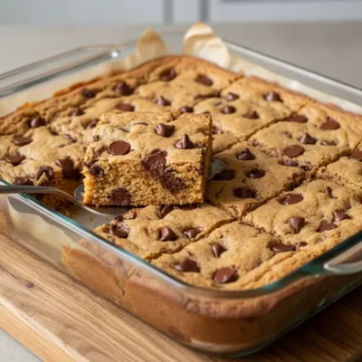 Golden-brown Chocolate Chip Cookie Bars, perfectly sliced into squares in a baking pan, with one bar slightly lifted, ready to serve.