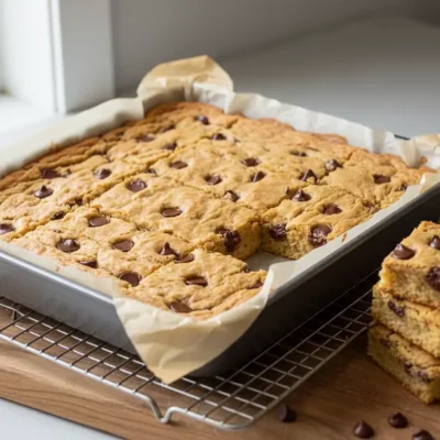 A beautifully baked slab of golden brown chocolate chip cookie bars cooling on a wire rack, with some cut squares.