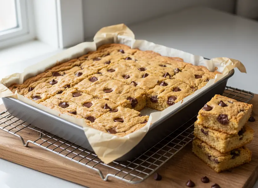 A beautifully baked slab of golden brown chocolate chip cookie bars cooling on a wire rack, with some cut squares.