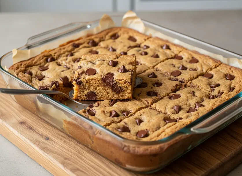 Golden-brown Chocolate Chip Cookie Bars, perfectly sliced into squares in a baking pan, with one bar slightly lifted, ready to serve.