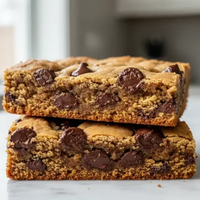 A close-up of two rich, golden-brown Chocolate Chip Cookie Bars, showcasing their soft texture and melted chocolate chips.