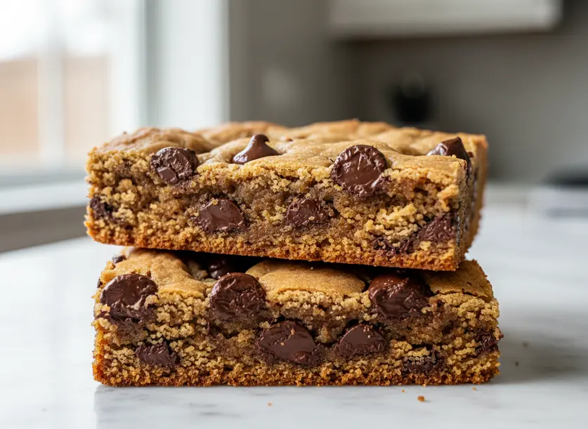 A close-up of two rich, golden-brown Chocolate Chip Cookie Bars, showcasing their soft texture and melted chocolate chips.