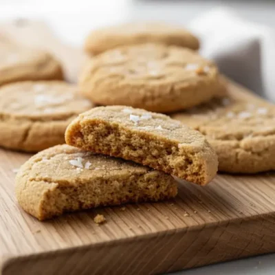 Macro close-up of a perfectly baked chewy peanut butter cookie, highlighting its soft texture and golden color.