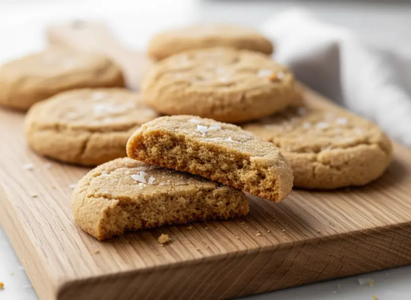 Macro close-up of a perfectly baked chewy peanut butter cookie, highlighting its soft texture and golden color.
