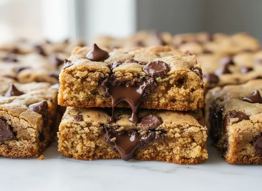 Close-up macro of Chocolate Chip Cookie Bars, showing soft, gooey interior with melted chocolate and golden-brown edges.
