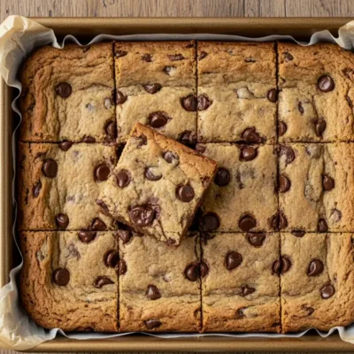 Golden-brown Chocolate Chip Cookie Bars cut into squares in a pan, ready to be served.
