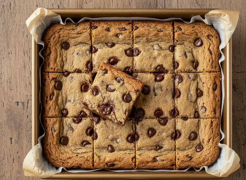Golden-brown Chocolate Chip Cookie Bars cut into squares in a pan, ready to be served.