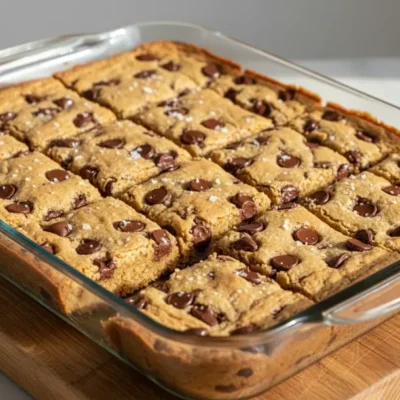 A full pan of freshly baked, golden brown Chocolate Chip Cookie Bars, perfectly sliced and ready to be served.