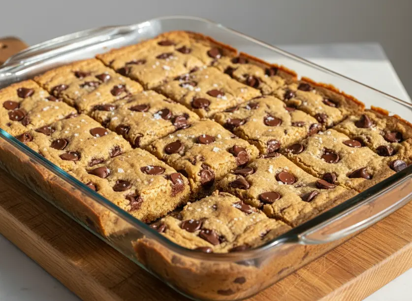 A full pan of freshly baked, golden brown Chocolate Chip Cookie Bars, perfectly sliced and ready to be served.