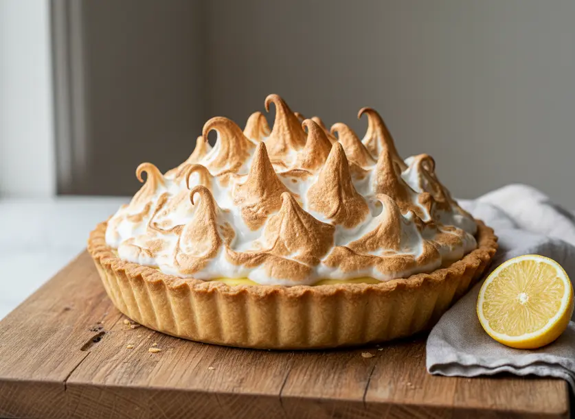 A stunning whole Classic Lemon Meringue Pie, showcasing its high, toasted golden meringue peaks and perfectly baked crust.