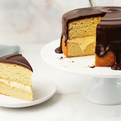Close-up of a perfect slice of Classic Boston Cream Pie revealing layers of cake, custard, and chocolate glaze.