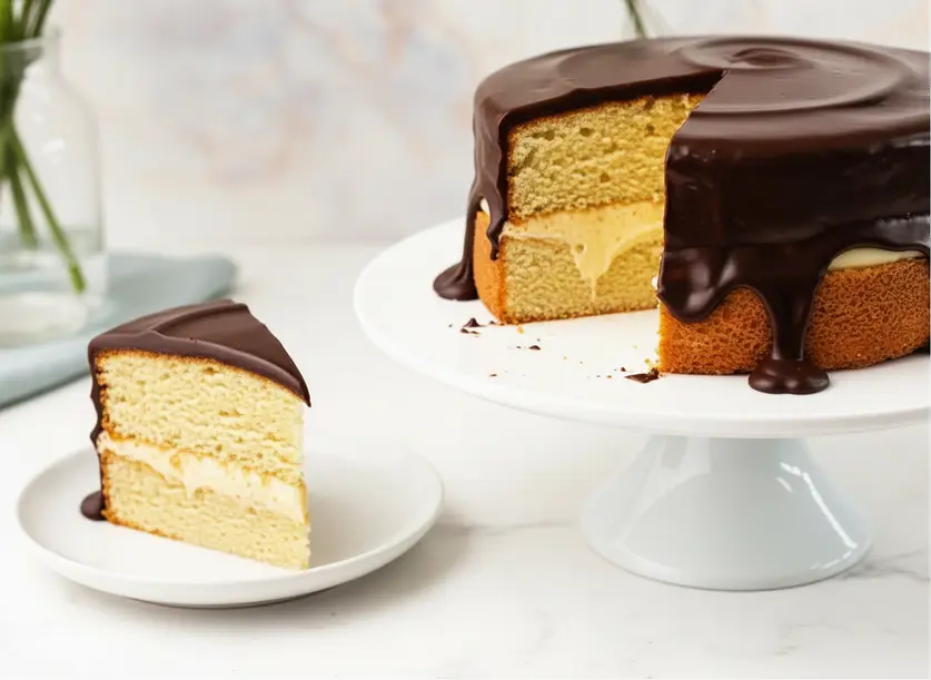 Close-up of a perfect slice of Classic Boston Cream Pie revealing layers of cake, custard, and chocolate glaze.