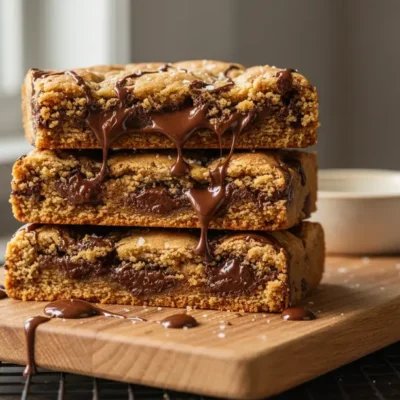 Close-up of a stack of warm Chocolate Chip Cookie Bars, with one broken to show a gooey, chocolatey center.