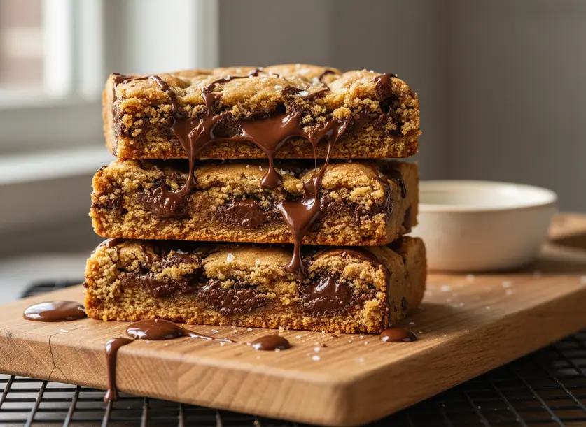 Close-up of a stack of warm Chocolate Chip Cookie Bars, with one broken to show a gooey, chocolatey center.