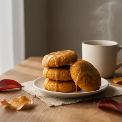 Beautifully styled Maple Pumpkin Cookies with maple glaze on a plate, set in a cozy autumn scene with a warm drink.