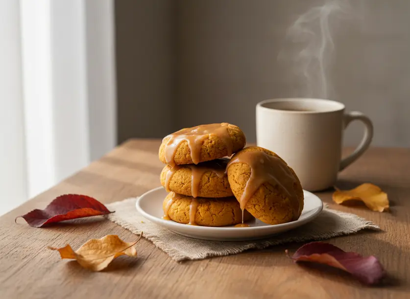 Beautifully styled Maple Pumpkin Cookies with maple glaze on a plate, set in a cozy autumn scene with a warm drink.