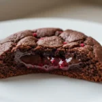 Close-up of a broken Chocolate Raspberry Cookie, revealing gooey dark chocolate and a vibrant raspberry inside.